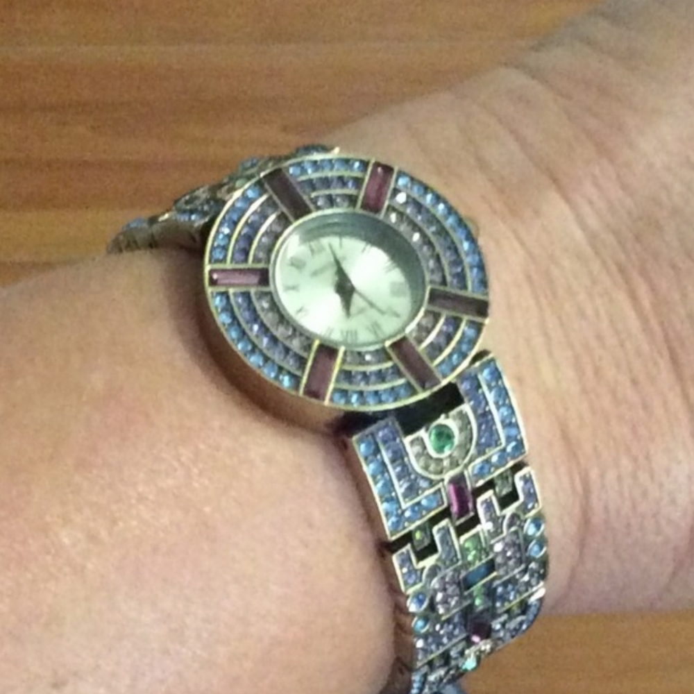 Heidi Daus Deco Art Multicolored Crystal Covered Womens Cuff Watch Vtg RARE - Picture 2 of 7